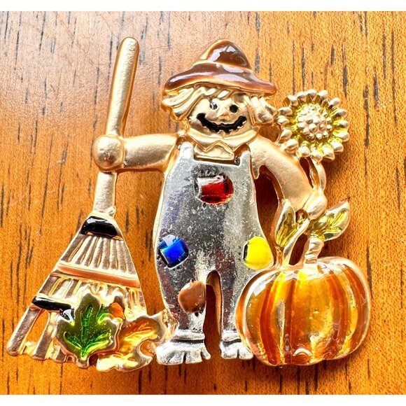 Scarecrow Brooch Pin New Fall Pumpkin Autumn Leaves Rake Sunflower Overa… - Picture 10 of 12